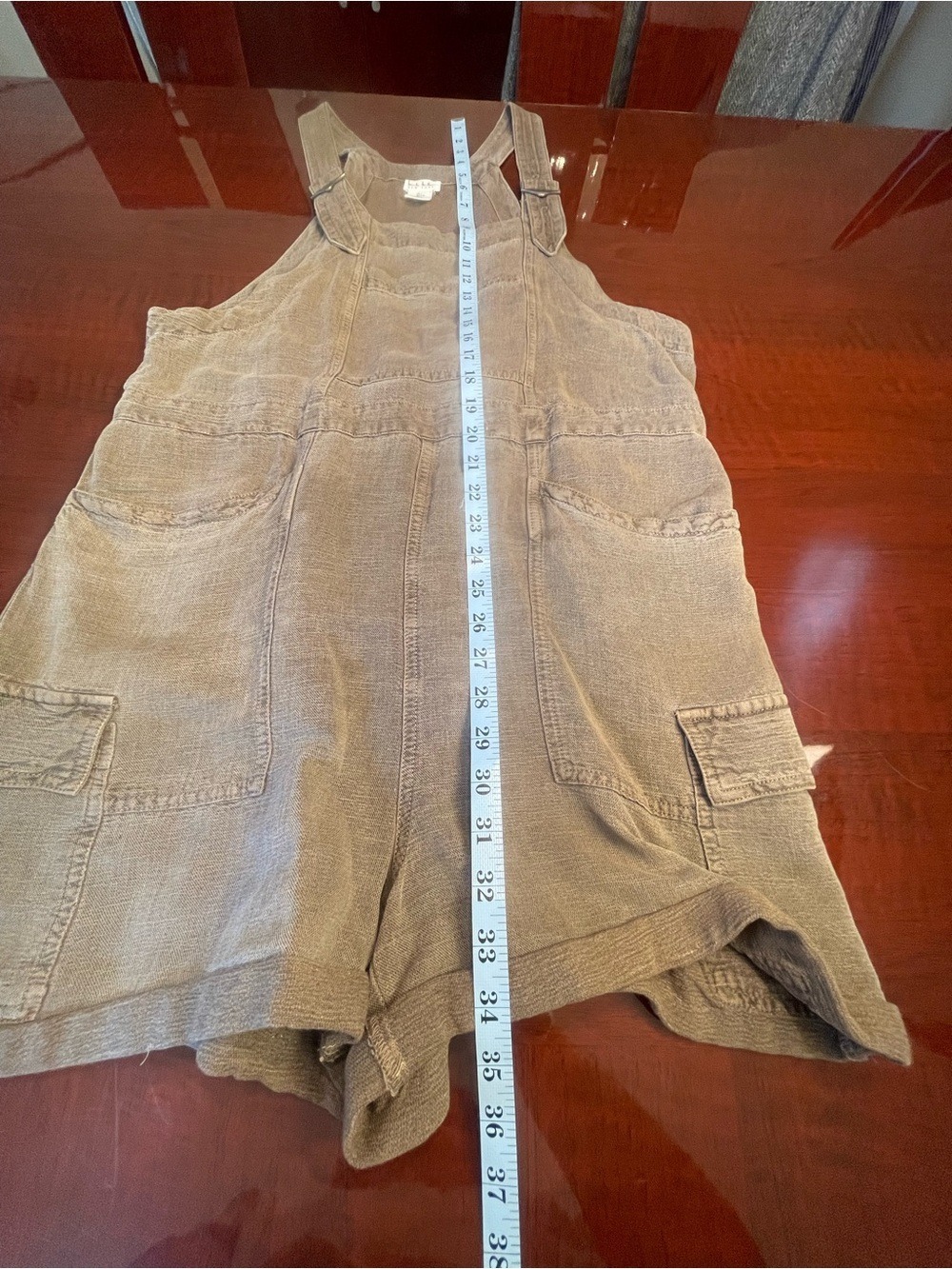 Nicole Miller Linen Blend Utility Cargo Overalls Brown Size L Relaxed Summer Fit - Picture 8 of 13